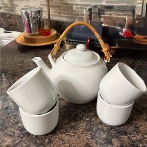 Pier 1 White Ceramic Teapot Set with Wicker-Wrapped Handle and Four White Cups